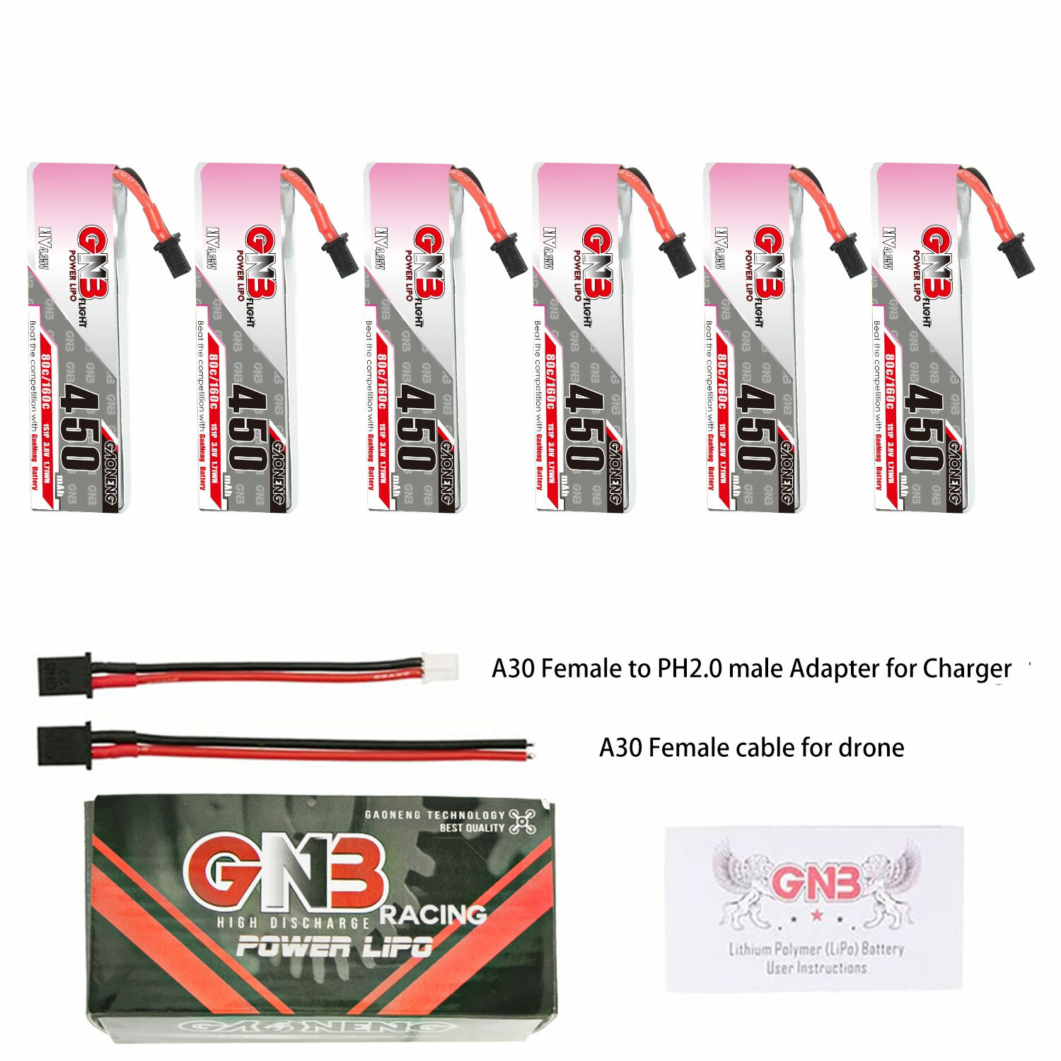 6 stuks Gaoneng 3,8V 450mAh 80C 1S LiHV-batterij A30-stekker met adapterkabel voor Emax Tinyhawk S BetaFPV Beta75X Top Merken Winkel